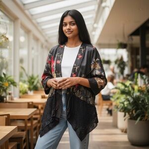 Studio Elegant Black and Red Patterned Shrug